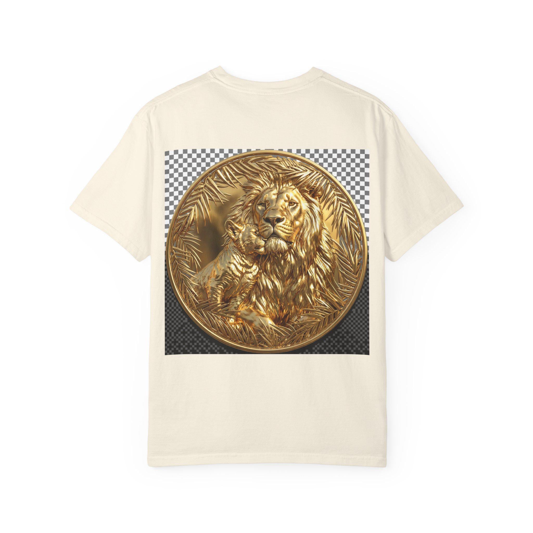 Majestic Lion with Cub Hugging Powerful Father and Cub Wildlife Gold Print T-Shirt