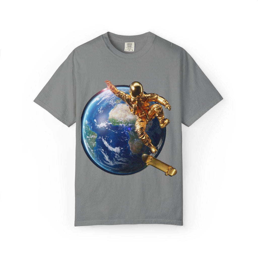 Golden Astronaut Skateboard Soaring High Futuristic Cosmic Ride in Style