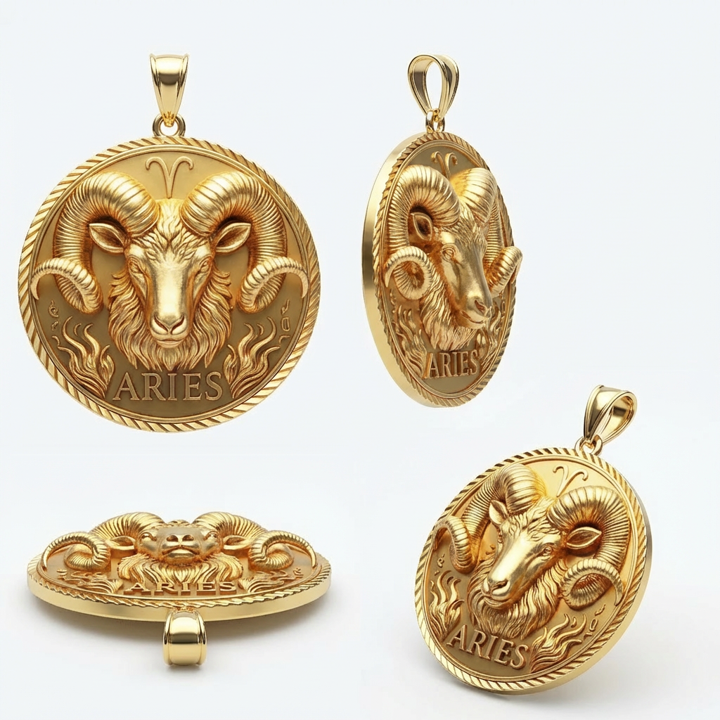 Aries Zodiac Pendant 3D – Ram Design, Gold or Silver, Astrology Jewelry Gift