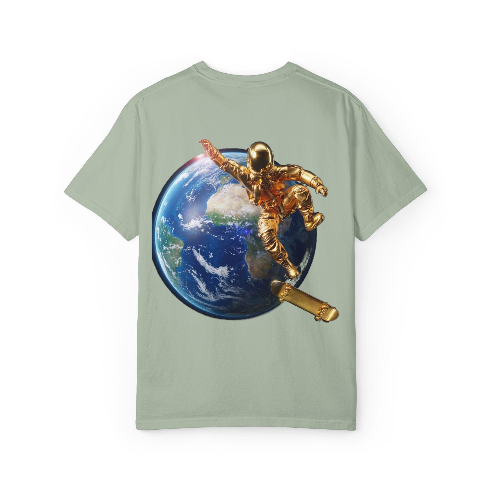 Golden Astronaut Skateboard Soaring High Futuristic Cosmic Ride in Style
