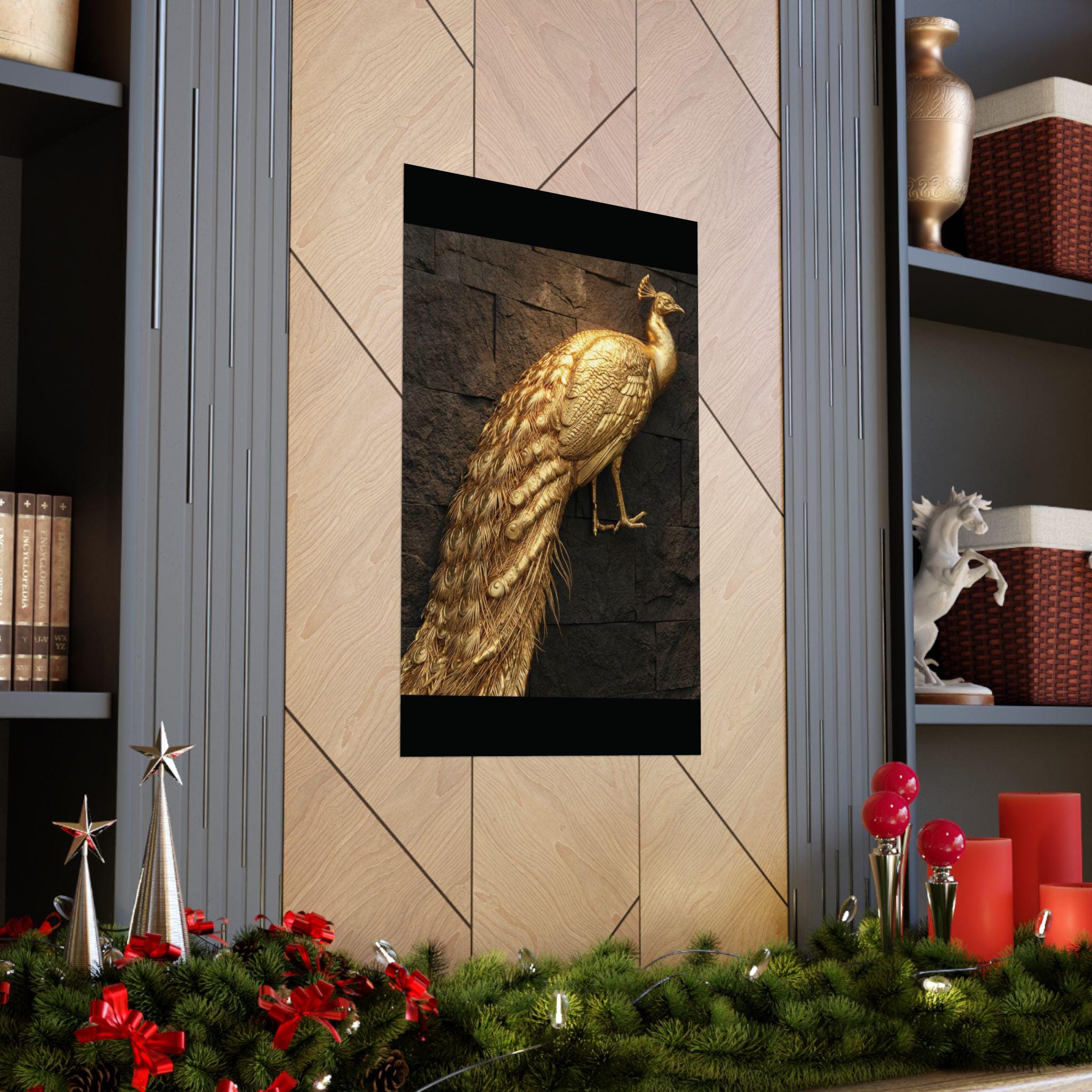 Golden Peacock Poster on Dark Brick Wall, Exotic Wildlife Wall Art, Elegant Home Decor