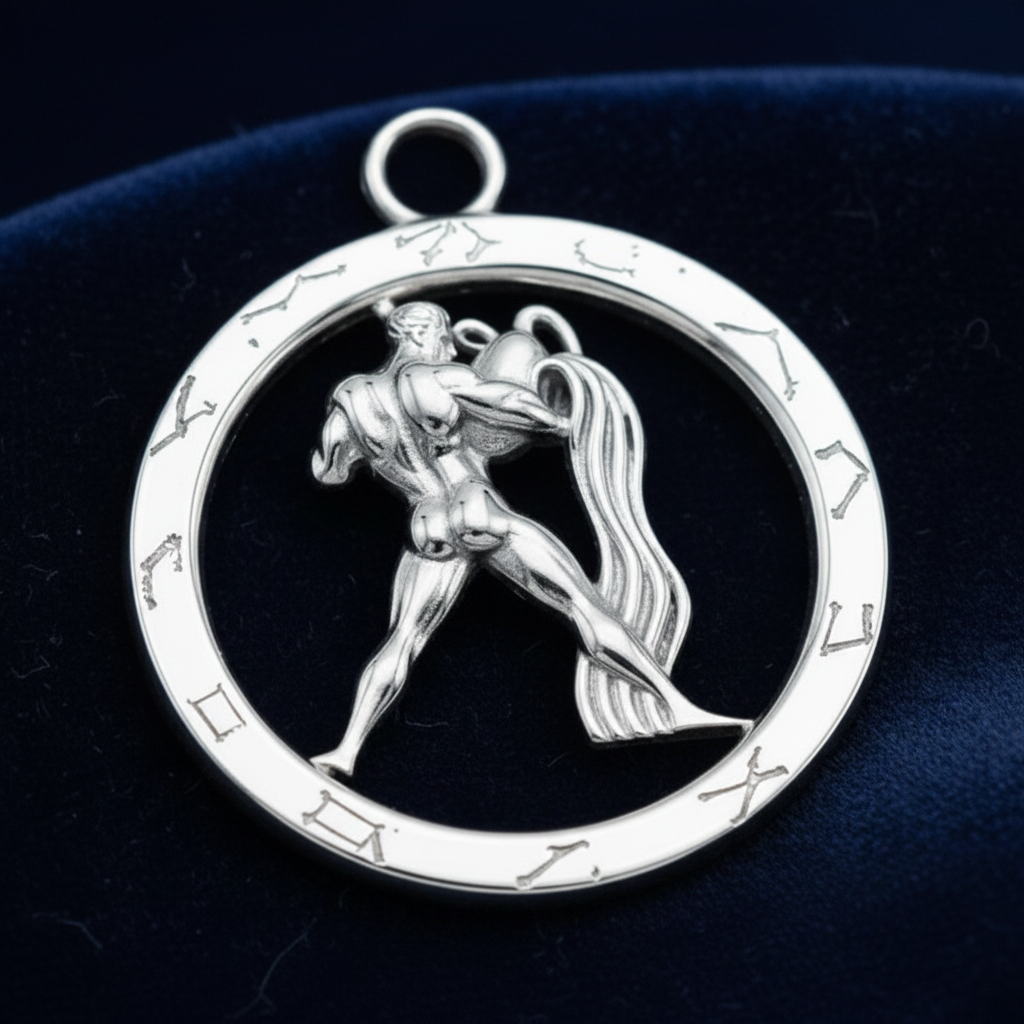 Aquarius Zodiac Pendant Necklace in 9K gold by MokshaGoldSculptures with water bearer engraving and zodiac symbols.