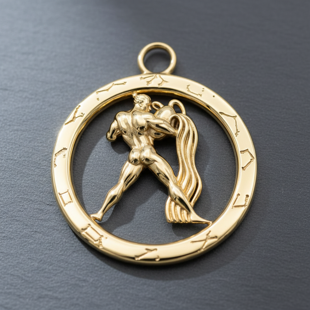 Aquarius Zodiac Pendant Necklace in 9K gold by MokshaGoldSculptures, detailed water bearer and zodiac symbols.