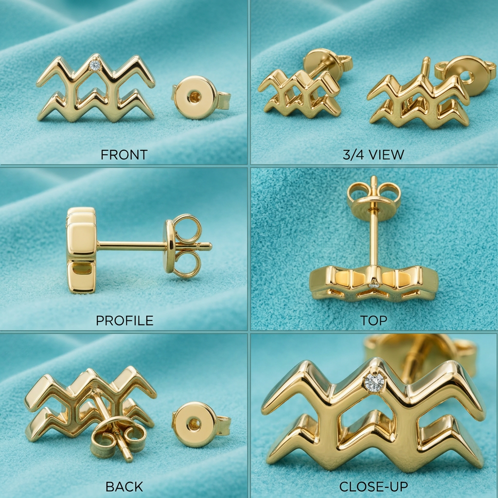 Aquarius Symbol Stud Earrings in Solid Gold | Zodiac Stud Earrings | 12 × 5.5 × 2 mm