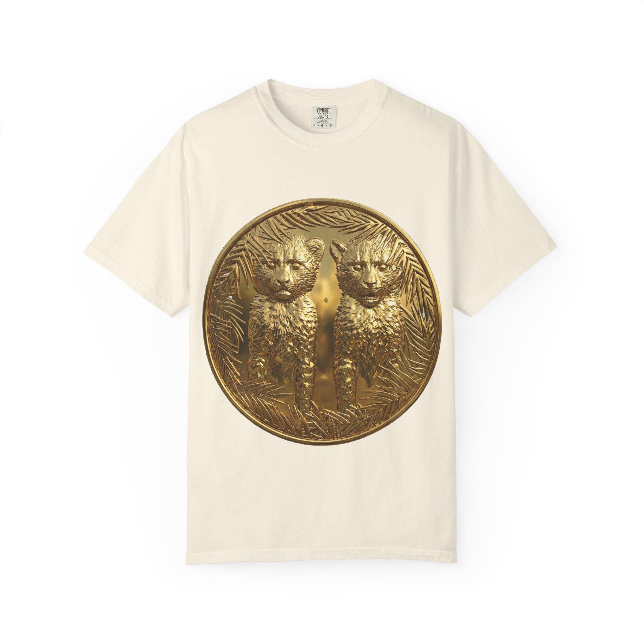 Cheetah Cubs 3D Gold Print T-Shirt Adorable Wildlife Animal Design, Luxury Gold Effect Tee