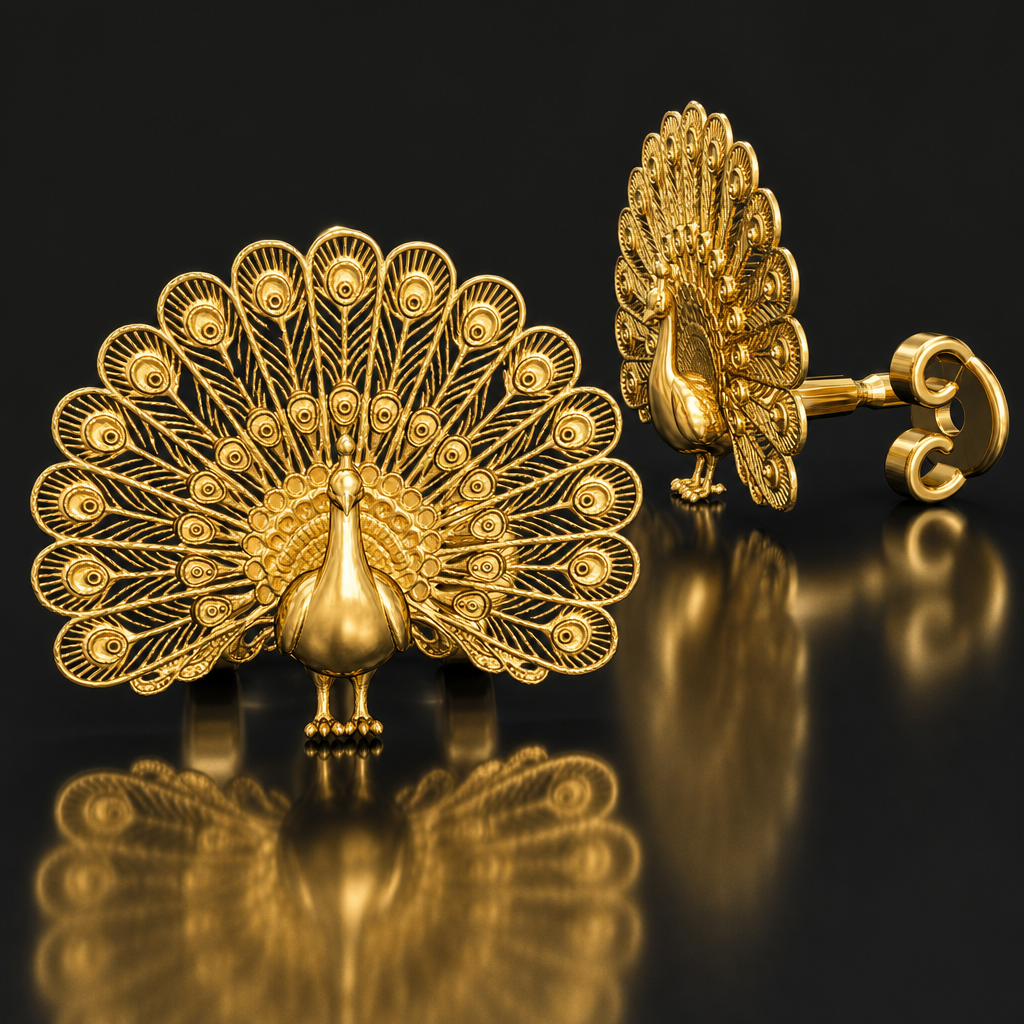 MokshaGoldSculptures Peacock Stud Earrings in polished brass with peacock fan tail design.