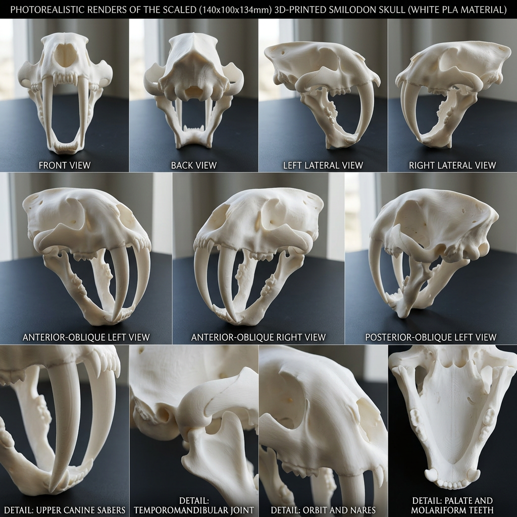 Smilodon Saber Tooth Skull 3D Print | Saber-Toothed Cat Fossil Replica | Desk Decor Skull Model | Prehistoric Gift | PLA Nylon Resin | 140mm Model