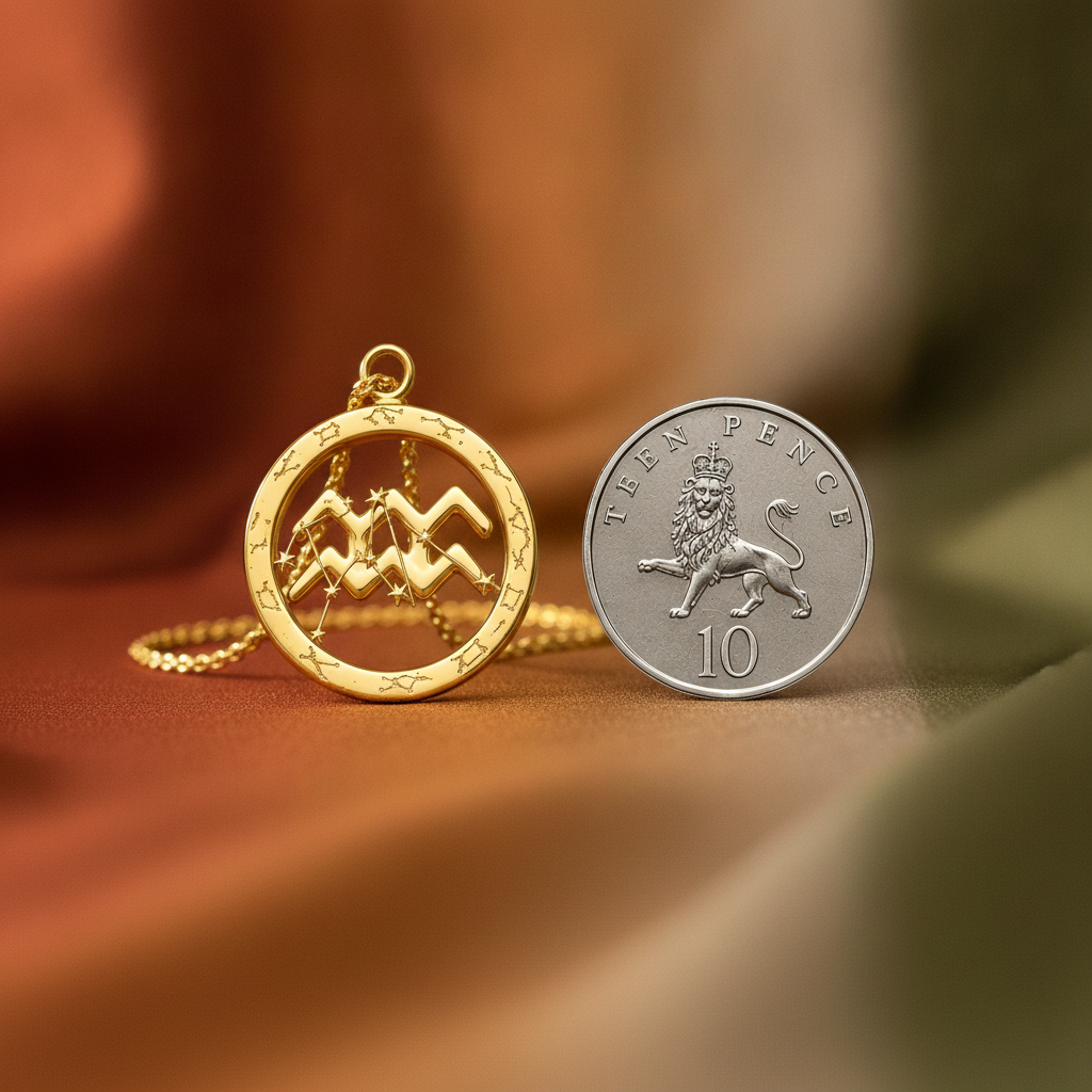 Aquarius Symbol Zodiac Pendant Necklace, 25mm Aquarius Constellation Pendant, Water Bearer Astrology Necklace, 9K Gold, Sterling Silver or Yellow Brass Gift