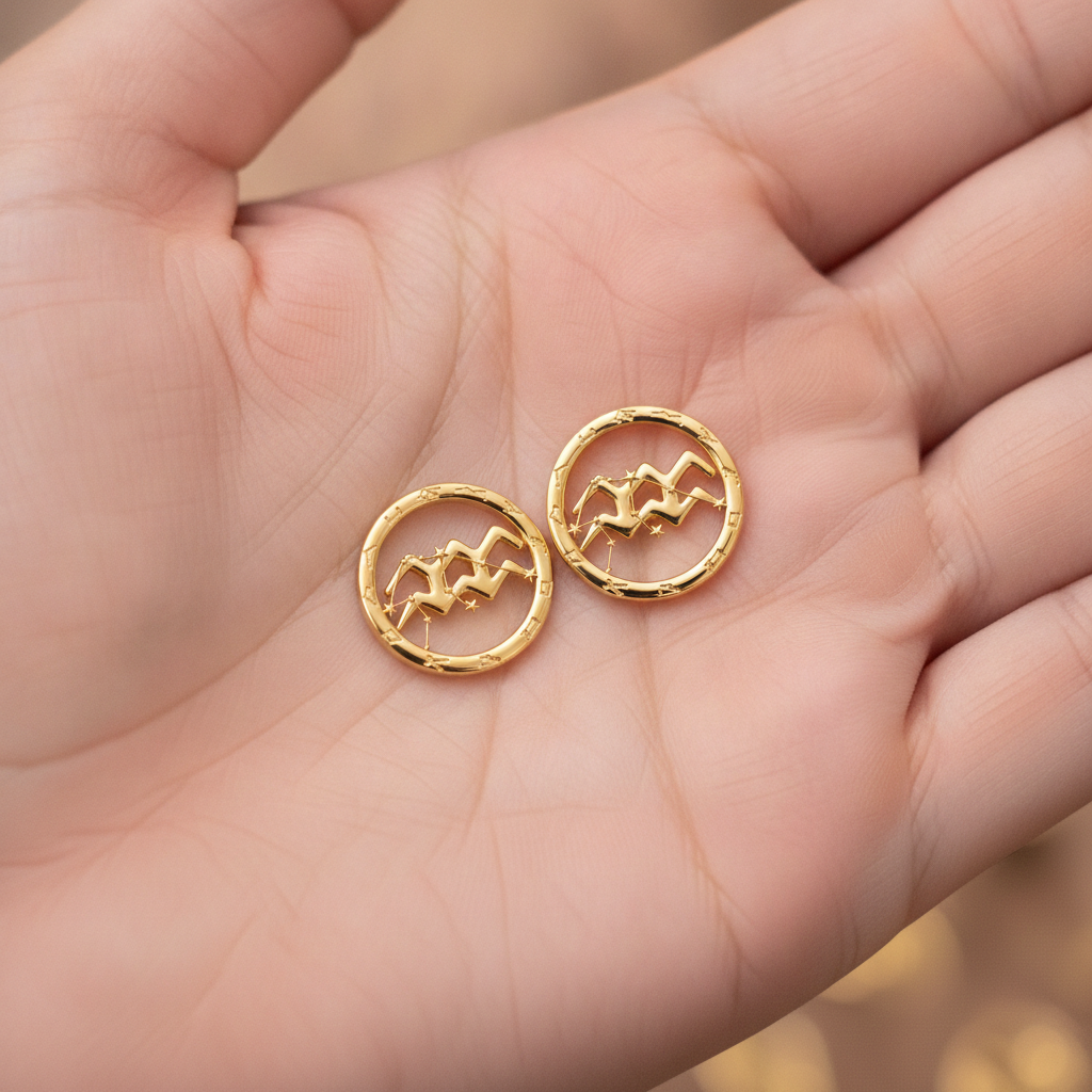 Aquarius Zodiac Stud Earrings, 18mm Astrology Earrings, Water Bearer Constellation Earrings, 9K Gold, Sterling Silver or Yellow Brass Gift
