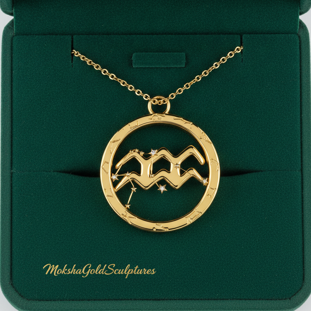 Aquarius Zodiac Pendant Necklace, 30mm Aquarius Symbol Necklace, Water Bearer Astrology Gift, 9K Gold, Sterling Silver or Yellow Brass