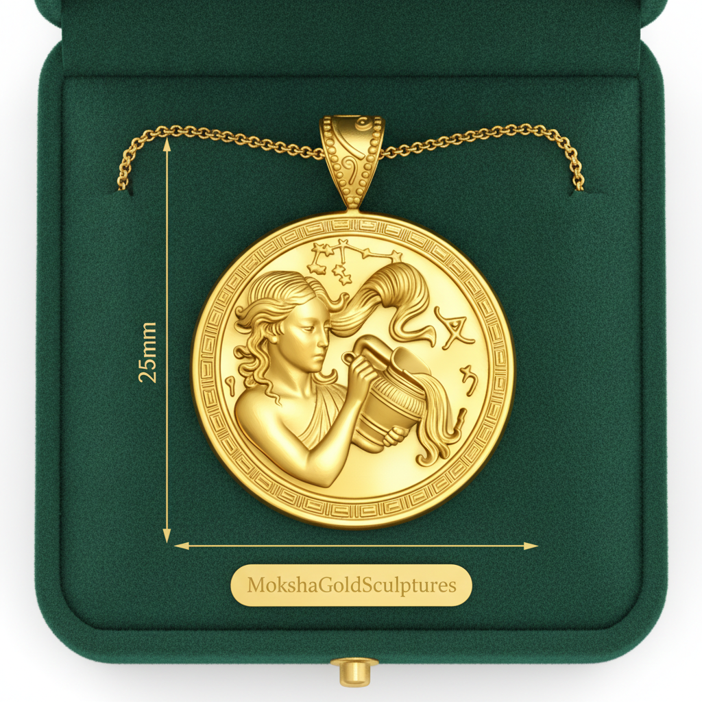 Aquarius Zodiac Medallion Necklace, 25mm Water Bearer Pendant, Greek Astrology Coin Necklace, 9K Gold, Sterling Silver or Yellow Brass, Zodiac Birthday Gift