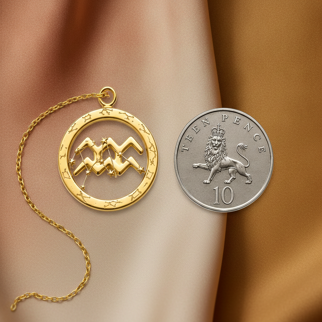 Aquarius Symbol Zodiac Pendant Necklace, 25mm Aquarius Constellation Pendant, Water Bearer Astrology Necklace, 9K Gold, Sterling Silver or Yellow Brass Gift
