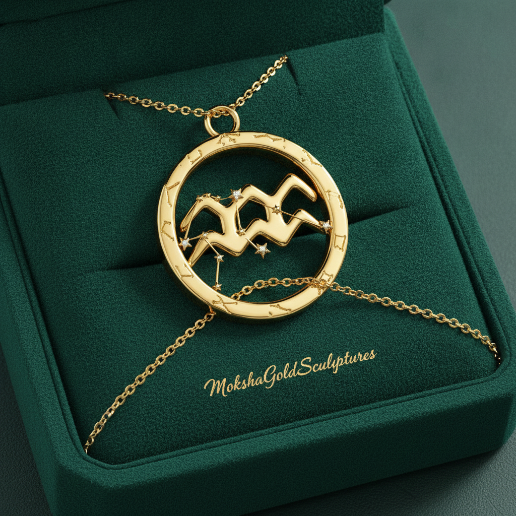 Aquarius Zodiac Pendant Necklace, 30mm Aquarius Symbol Necklace, Water Bearer Astrology Gift, 9K Gold, Sterling Silver or Yellow Brass