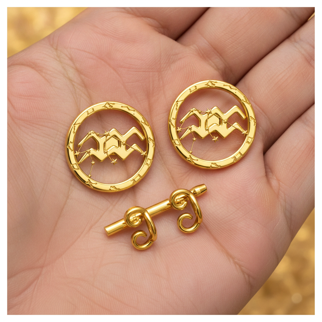 Aquarius Zodiac Stud Earrings, 18mm Astrology Earrings, Water Bearer Constellation Earrings, 9K Gold, Sterling Silver or Yellow Brass Gift
