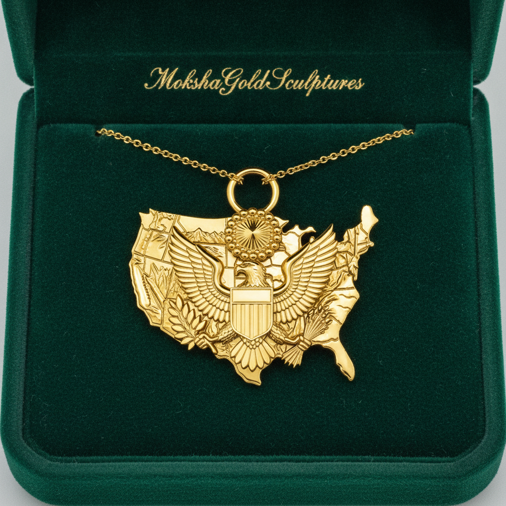 USA Eagle Map Pendant Necklace, 25mm Patriotic USA Necklace, American Eagle Jewellery, 250th Anniversary Gift, 9K Gold, Sterling Silver or Brass