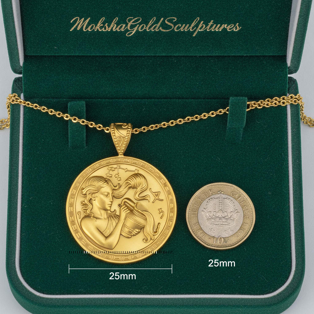 Aquarius Zodiac Medallion Necklace, 25mm Water Bearer Pendant, Greek Astrology Coin Necklace, 9K Gold, Sterling Silver or Yellow Brass, Zodiac Birthday Gift