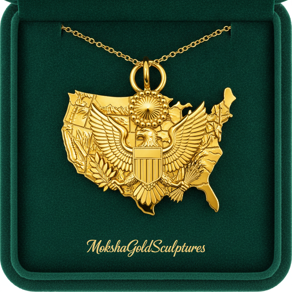 USA Eagle Map Pendant Necklace, 25mm Patriotic USA Necklace, American Eagle Jewellery, 250th Anniversary Gift, 9K Gold, Sterling Silver or Brass