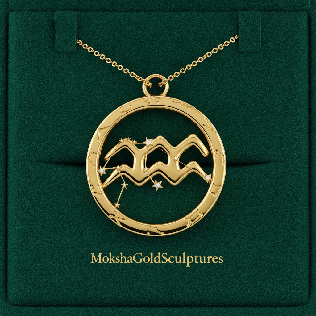 Aquarius Zodiac Pendant Necklace, 30mm Aquarius Symbol Necklace, Water Bearer Astrology Gift, 9K Gold, Sterling Silver or Yellow Brass
