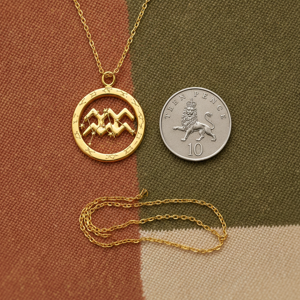 Aquarius Symbol Zodiac Pendant Necklace, 25mm Aquarius Constellation Pendant, Water Bearer Astrology Necklace, 9K Gold, Sterling Silver or Yellow Brass Gift