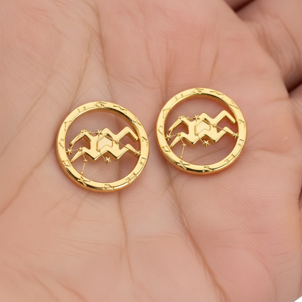 Aquarius Zodiac Stud Earrings, 18mm Astrology Earrings, Water Bearer Constellation Earrings, 9K Gold, Sterling Silver or Yellow Brass Gift