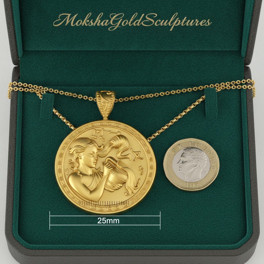 Aquarius Zodiac Medallion Necklace, 25mm Water Bearer Pendant, Greek Astrology Coin Necklace, 9K Gold, Sterling Silver or Yellow Brass, Zodiac Birthday Gift