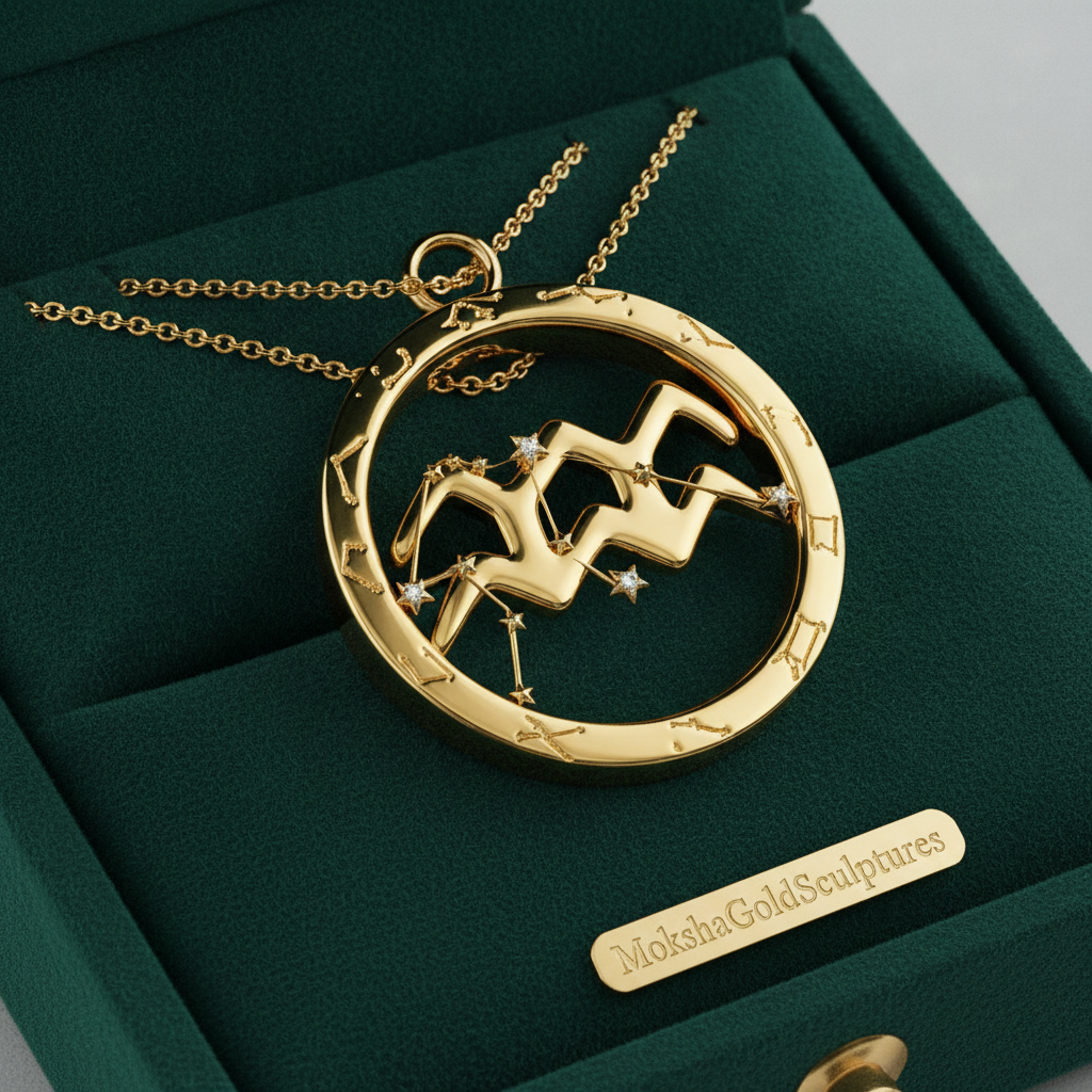 Aquarius Zodiac Pendant Necklace, 30mm Aquarius Symbol Necklace, Water Bearer Astrology Gift, 9K Gold, Sterling Silver or Yellow Brass