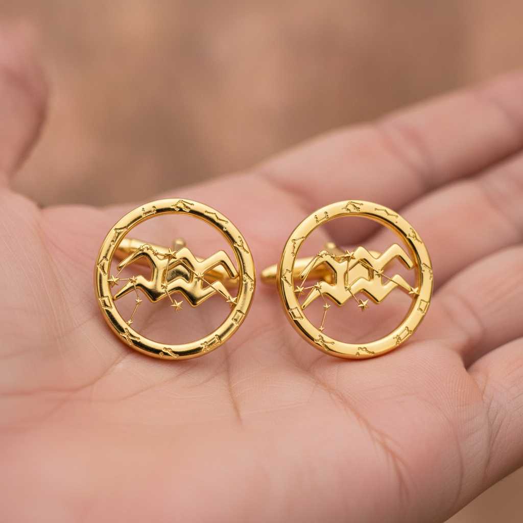Aquarius Zodiac Stud Earrings, 18mm Astrology Earrings, Water Bearer Constellation Earrings, 9K Gold, Sterling Silver or Yellow Brass Gift