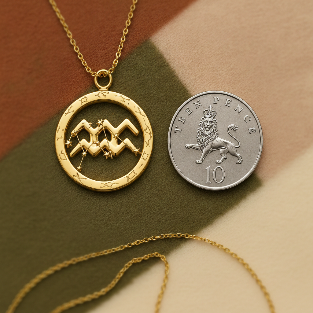 Aquarius Symbol Zodiac Pendant Necklace, 25mm Aquarius Constellation Pendant, Water Bearer Astrology Necklace, 9K Gold, Sterling Silver or Yellow Brass Gift