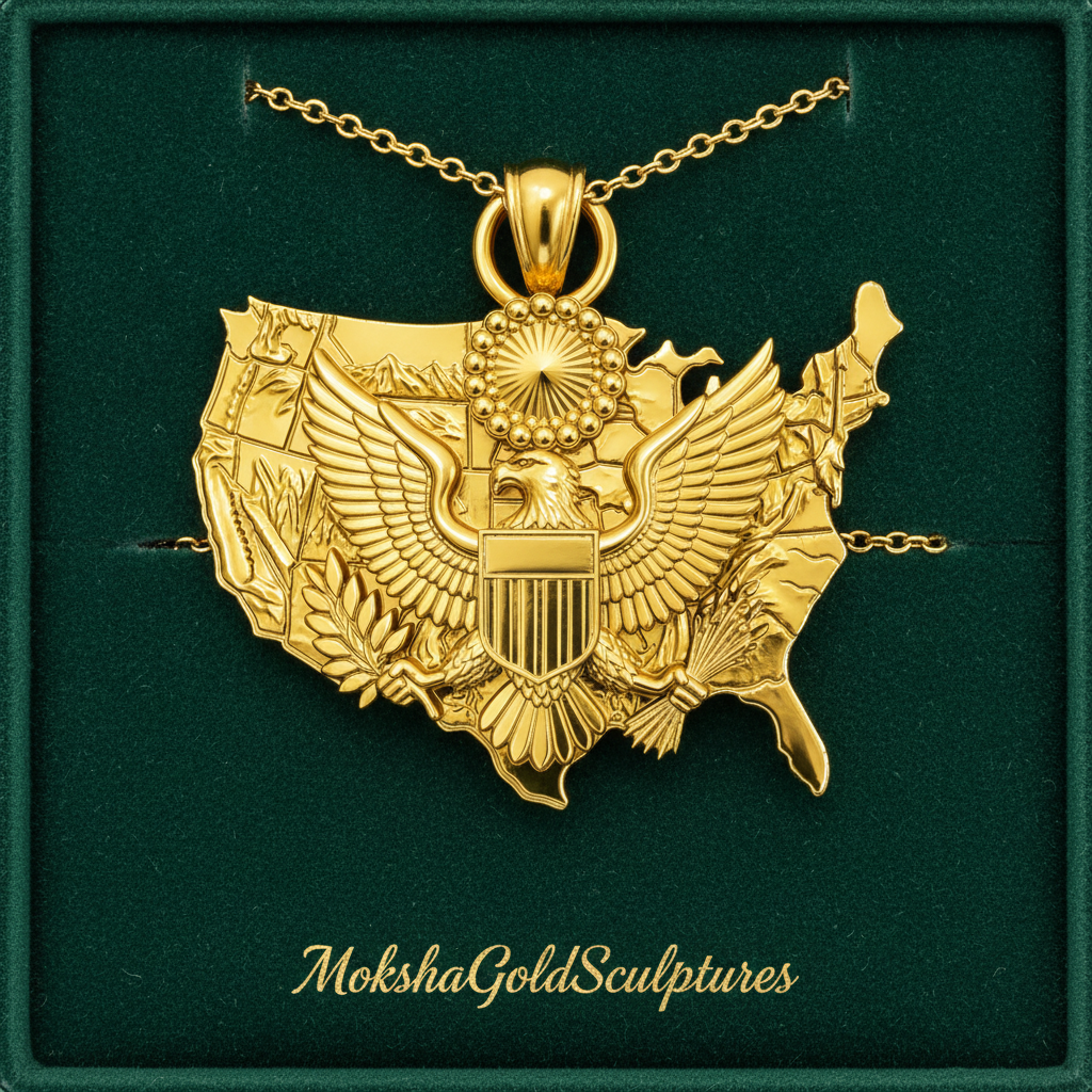 USA Eagle Map Pendant Necklace, 250th Anniversary America Necklace, 9K Gold, Sterling Silver or Brass, Patriotic Gift, USA Map Jewellery
