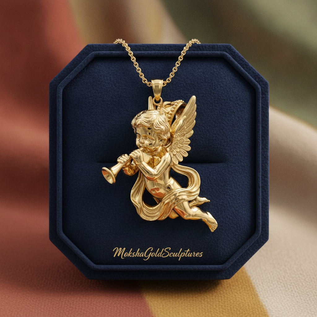 Golden Cherub Flute Pendant Necklace | Guardian Angel Jewelry | 9K Gold, Sterling Silver & Yellow Brass
