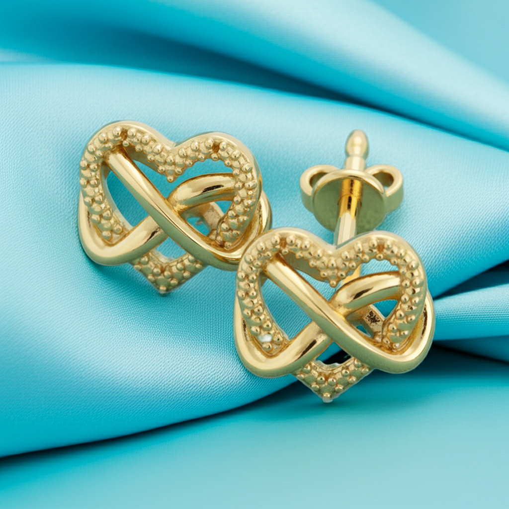Intertwined Heart Stud Earrings in Gold | 20mm Modern Heart Studs | Lightweight Sculptural Love Knot Earrings