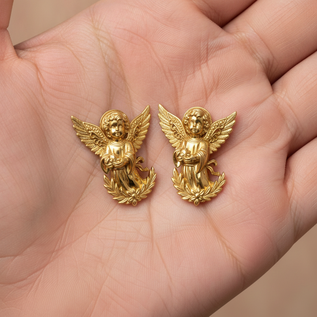 Angel Cherub Stud Earrings | 9K Gold, Sterling Silver or Brass | Handmade Angel Jewelry | Cherub Earrings | Artisan Religious Jewelry | Gift for Her