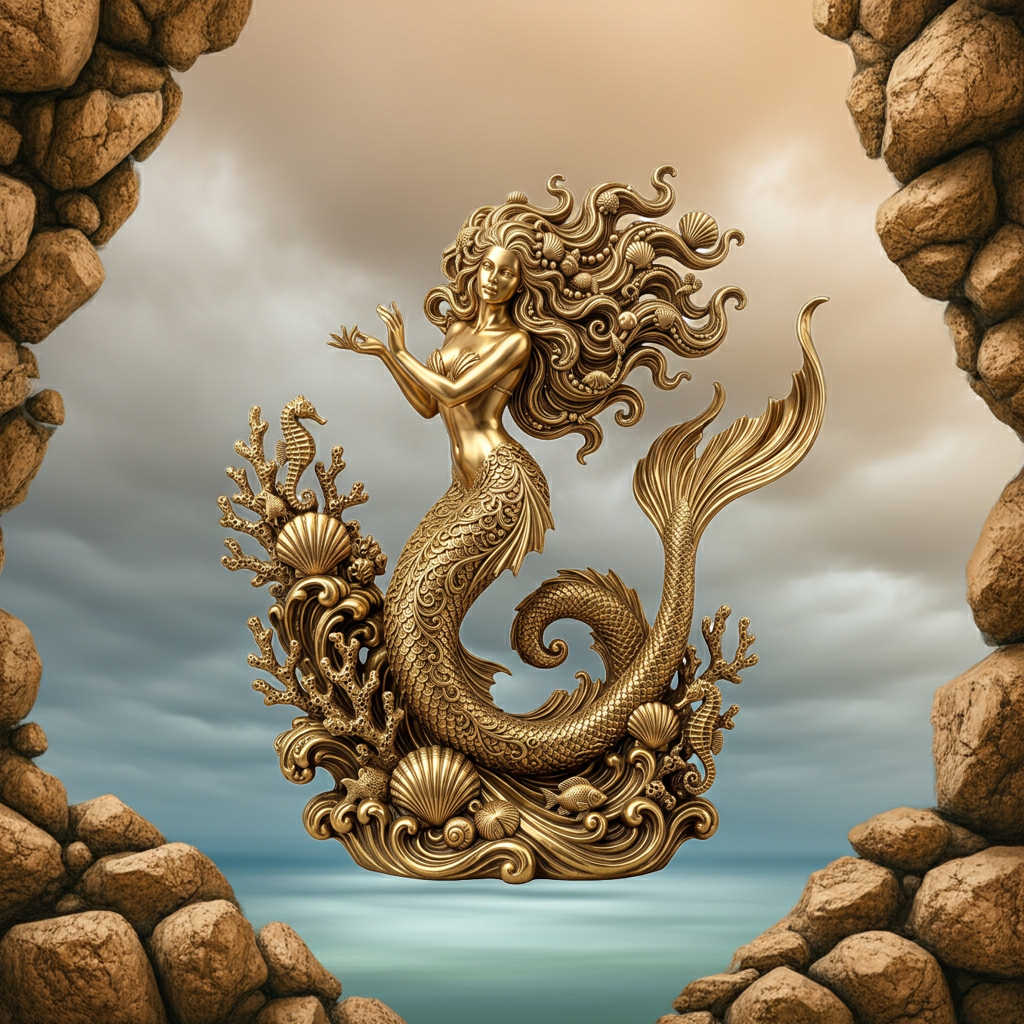 The Golden Mermaid Statue 250mm in gold finish by MokshaGoldSculptures with seashell and coral details.