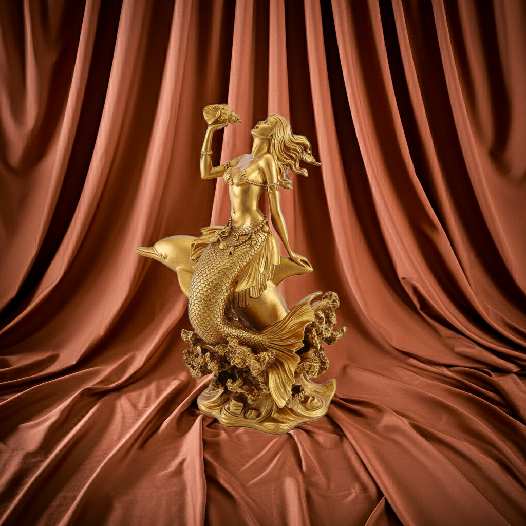 The Golden Mermaid with Dolphin and Konch Shell in gold PLA by MokshaGoldSculptures, fantasy ocean-themed collectible statue.