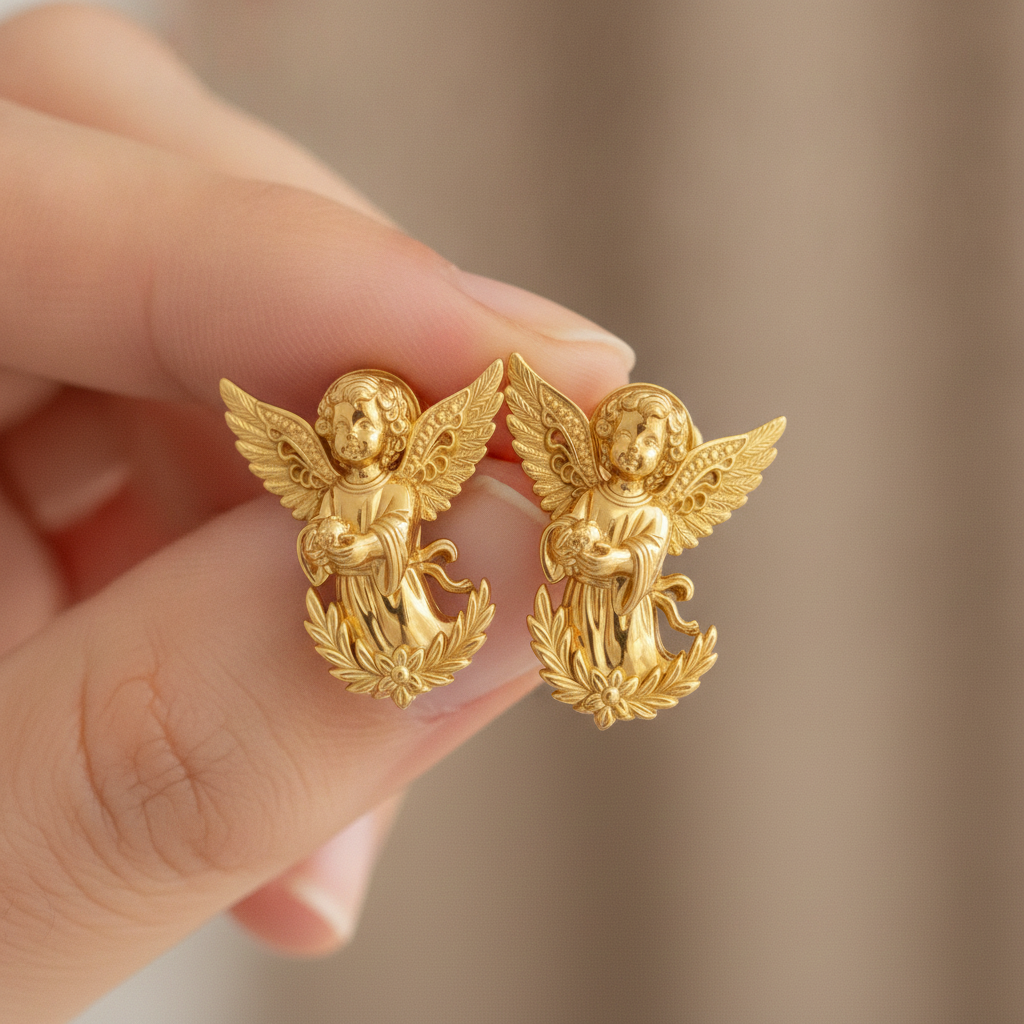 Angel Cherub Stud Earrings | 9K Gold, Sterling Silver or Brass | Handmade Angel Jewelry | Cherub Earrings | Artisan Religious Jewelry | Gift for Her