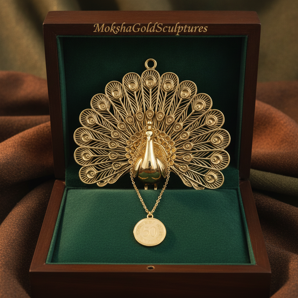 The Peacock Pendant Necklace in 9K gold by MokshaGoldSculptures, detailed peacock and coin on velvet in wood box.