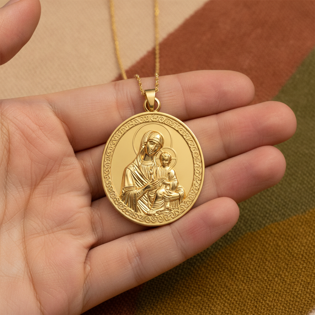 Virgin Mary & Child Coin Pendant Necklace | Blessed Mother Medallion | Christian Jewelry in 18K Gold, Sterling Silver or Yellow Brass