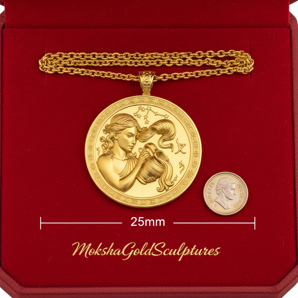 Aquarius Zodiac Medallion Necklace, 25mm Water Bearer Pendant, Greek Astrology Coin Necklace, 9K Gold, Sterling Silver or Yellow Brass, Zodiac Birthday Gift