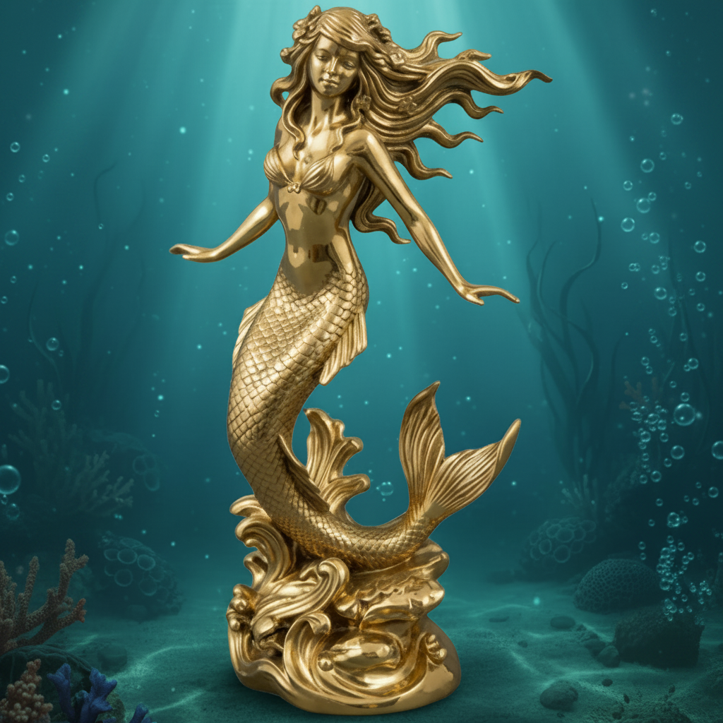 Polished Brass Mermaid Sculpture by MokshaGoldSculptures with flowing hair and scales, luxury finish.