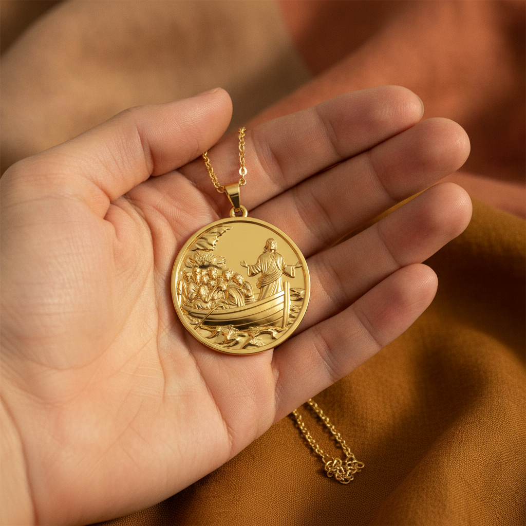 Jesus Calms the Storm Coin Pendant Necklace | 30mm Christian Medallion | 18K Gold, Sterling Silver or Yellow Brass | Religious Gift