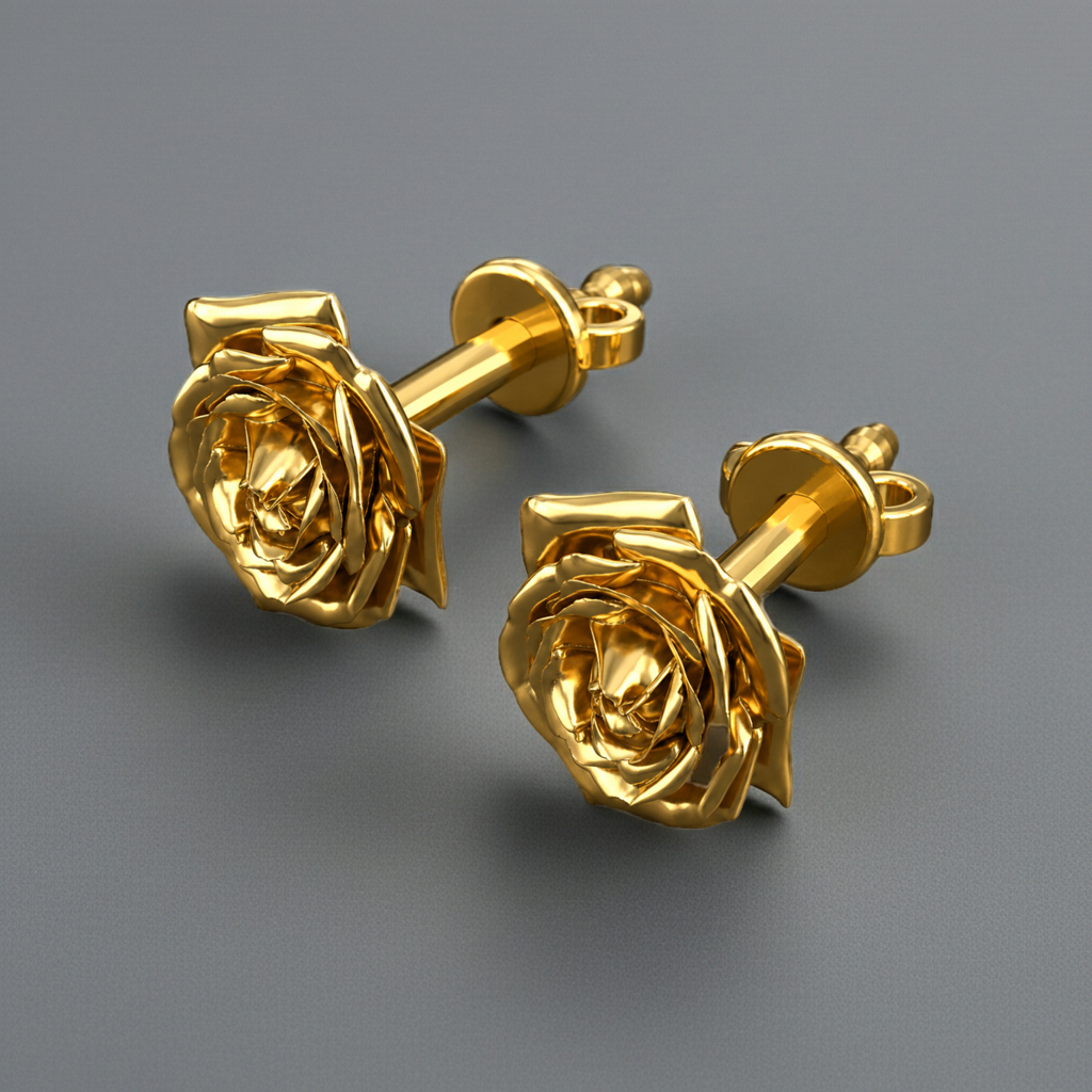 Polished Brass Rose Stud Earrings by MokshaGoldSculptures shown in a high polish finish on a plain gray background.