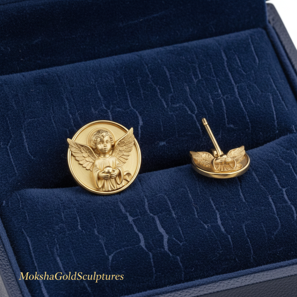 Angel Cherub Medallion Stud Earrings | 9K Gold, Sterling Silver or Brass | Celestial Angel Earrings | Religious Jewelry | Handmade Gift for Her