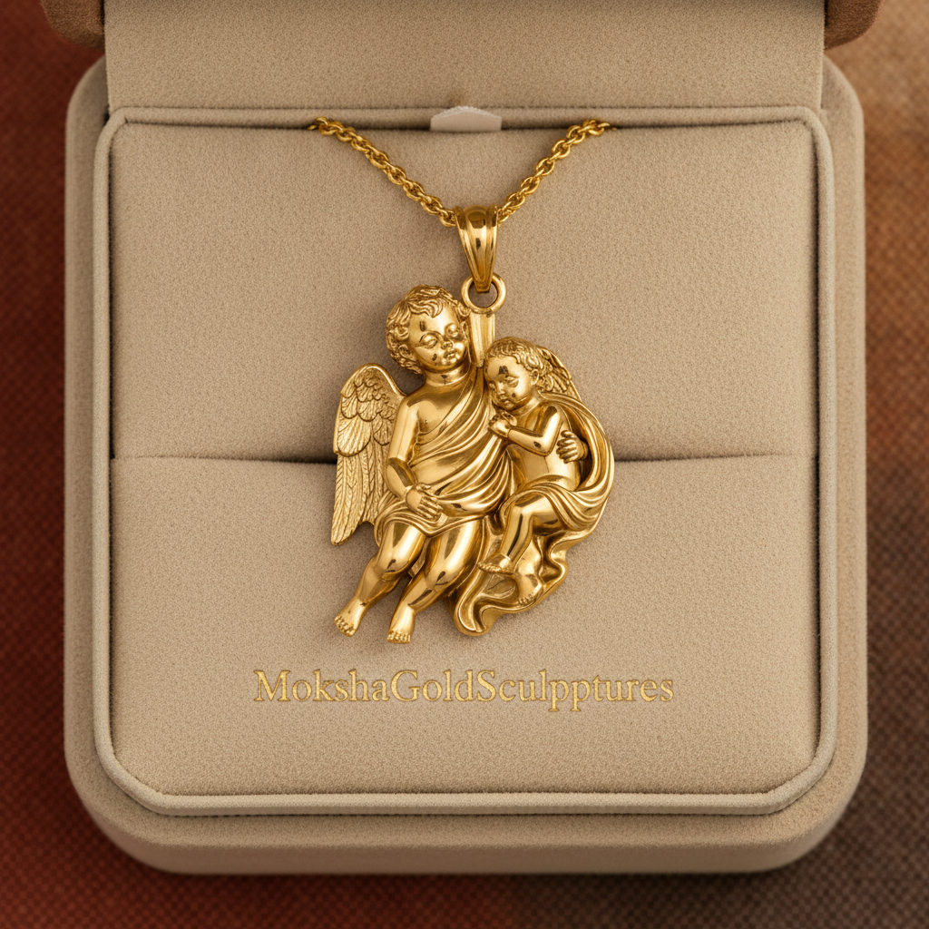 Golden Cherub Duo Pendant Necklace | Guardian Angel Pendant | 9K Gold, Sterling Silver & Yellow Brass | Religious Jewelry | Cherub Gift