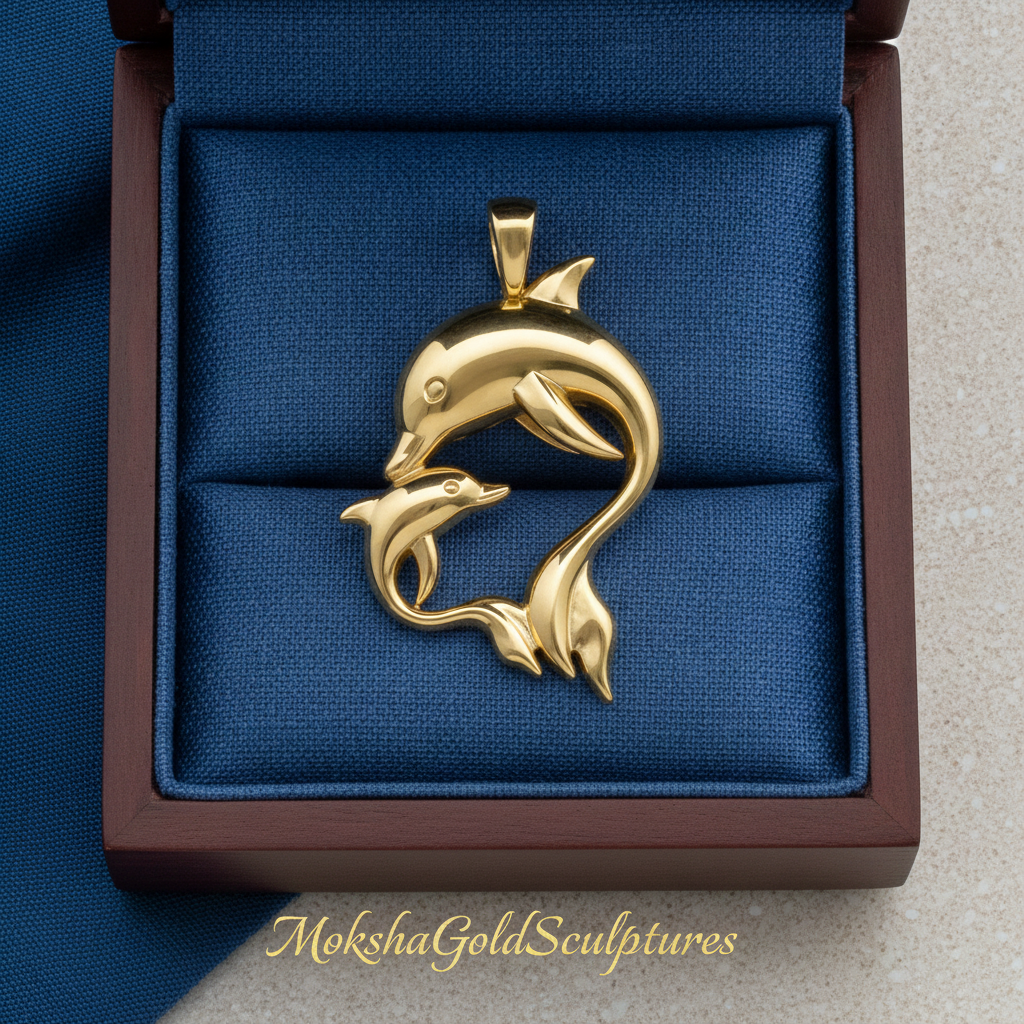 Dolphin Mother & Baby Pendant Necklace in polished yellow brass by MokshaGoldSculptures in a blue-cushioned box.