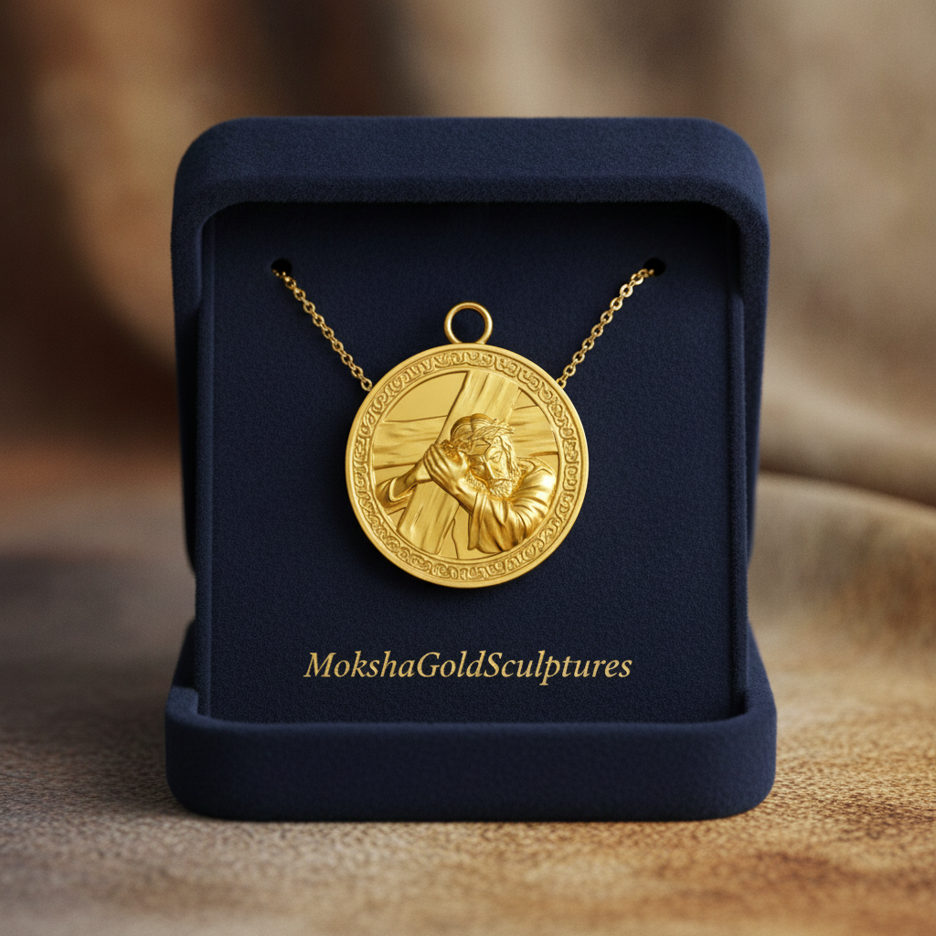 The Jesus Carrying the Cross Medallion Pendant in 9K gold by MokshaGoldSculptures, shown in a velvet box with gold logo.