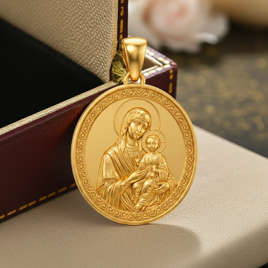 Mary with Baby Jesus Pendant Necklace – Ancient Religious Scene Jewelry – Catholic Christian Devotional Gift