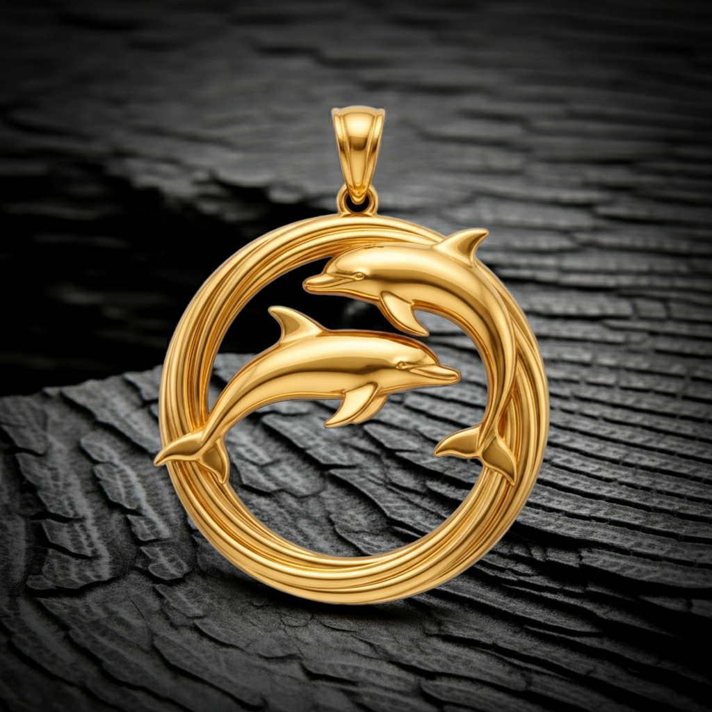The Dolphin Pendant Necklace in gold, textured finish by MokshaGoldSculptures—two dolphins in circular design.