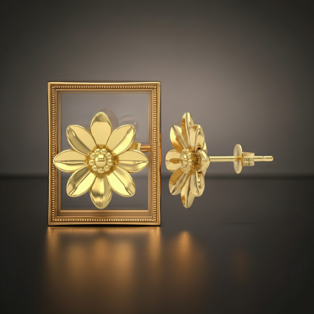 Polished Brass Flower Stud Earrings in a rectangular frame by MokshaGoldSculptures, botanical design, polished finish.