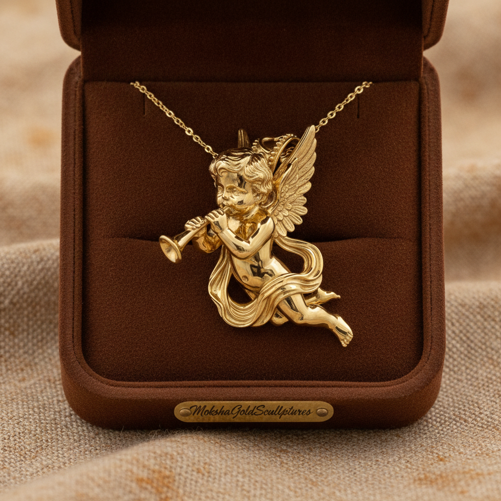 Golden Cherub Flute Pendant Necklace | Guardian Angel Jewelry | 9K Gold, Sterling Silver & Yellow Brass