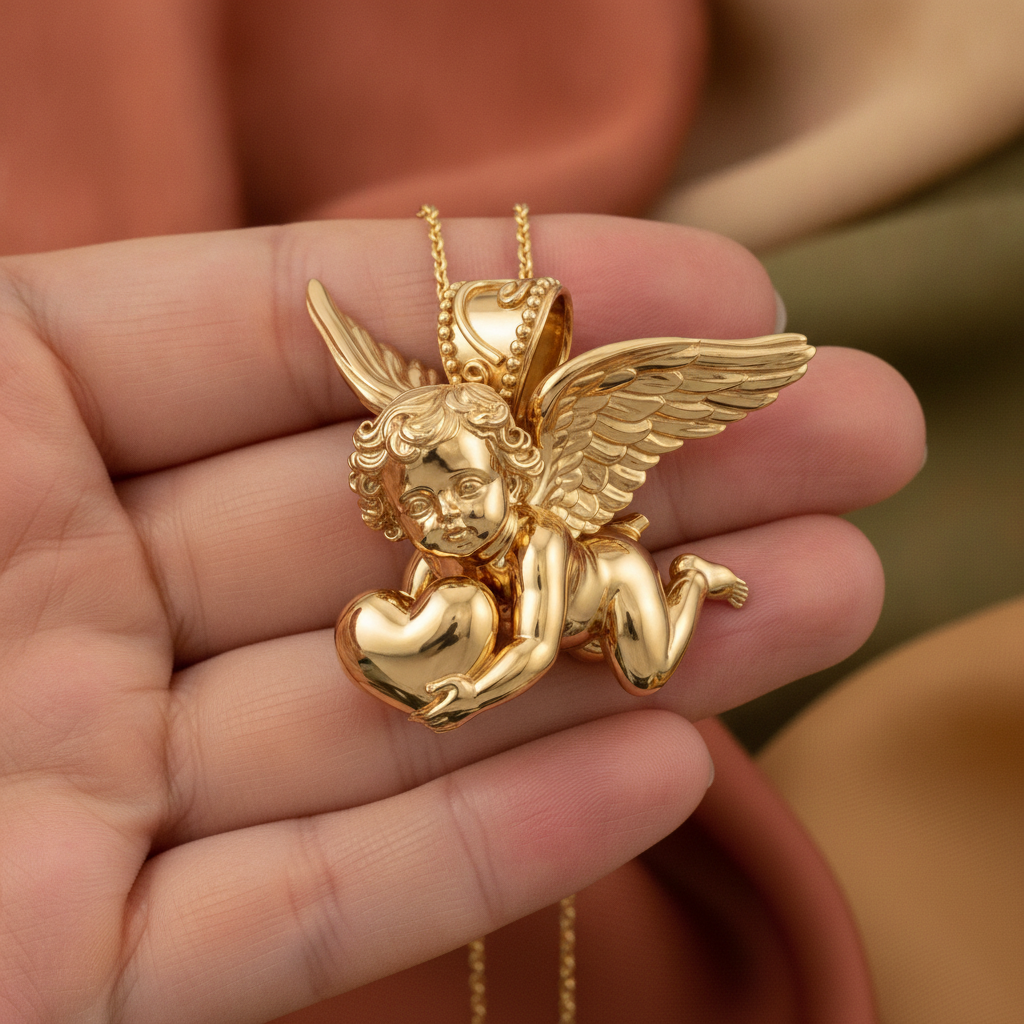 Golden Cherub with Heart Pendant Necklace | Angel of Love & Protection | 9K Gold, Sterling Silver or Polished Brass | Handmade Religious Jewelry Gift